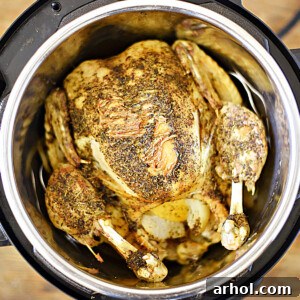 Instant Pot Whole Roast Chicken with perfectly crispy skin, garnished with fresh herbs