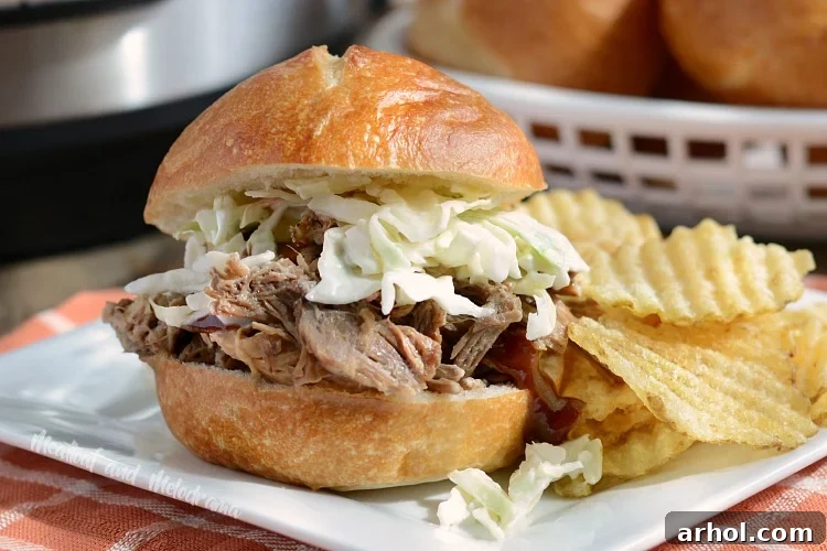 Instant Pot pulled pork sandwich with coleslaw and chips