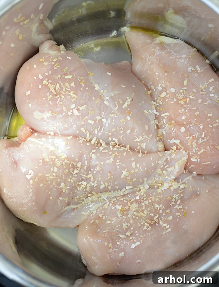 Raw chicken breasts and minced onions placed inside an Instant Pot, ready for sauce.
