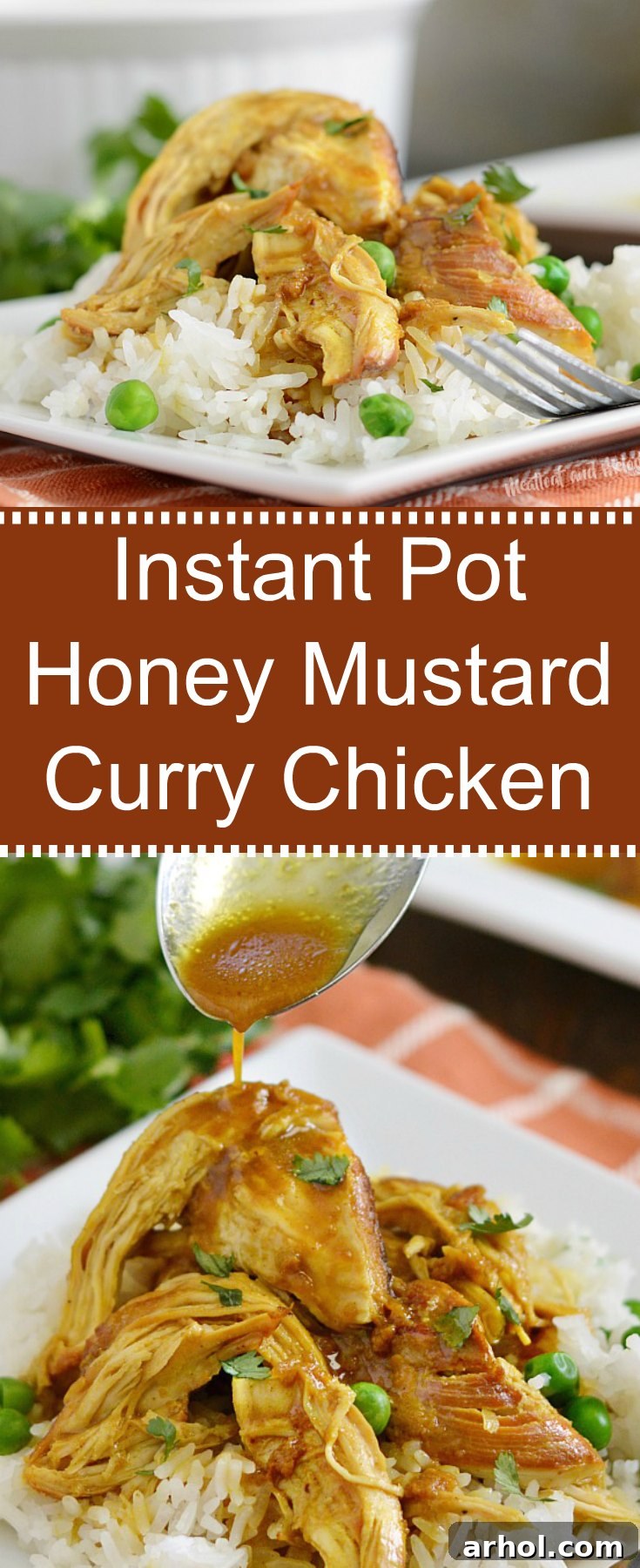 A tall, narrow image displaying the Instant Pot Honey Mustard Curry Chicken plated with peas and rice, perfect for sharing on social media.