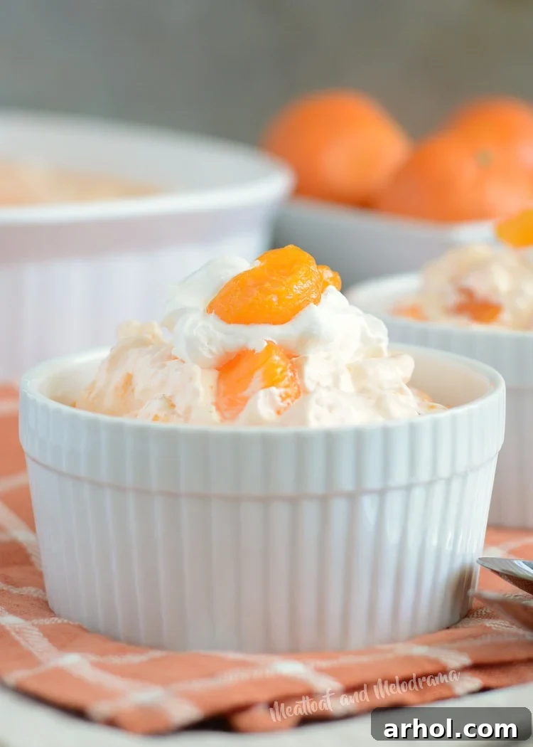 A beautifully presented long image of orange jello fruit salad with cool whip and mandarin oranges.