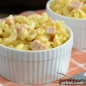 Instant Pot Mac and Cheese with Ham in white ramekins