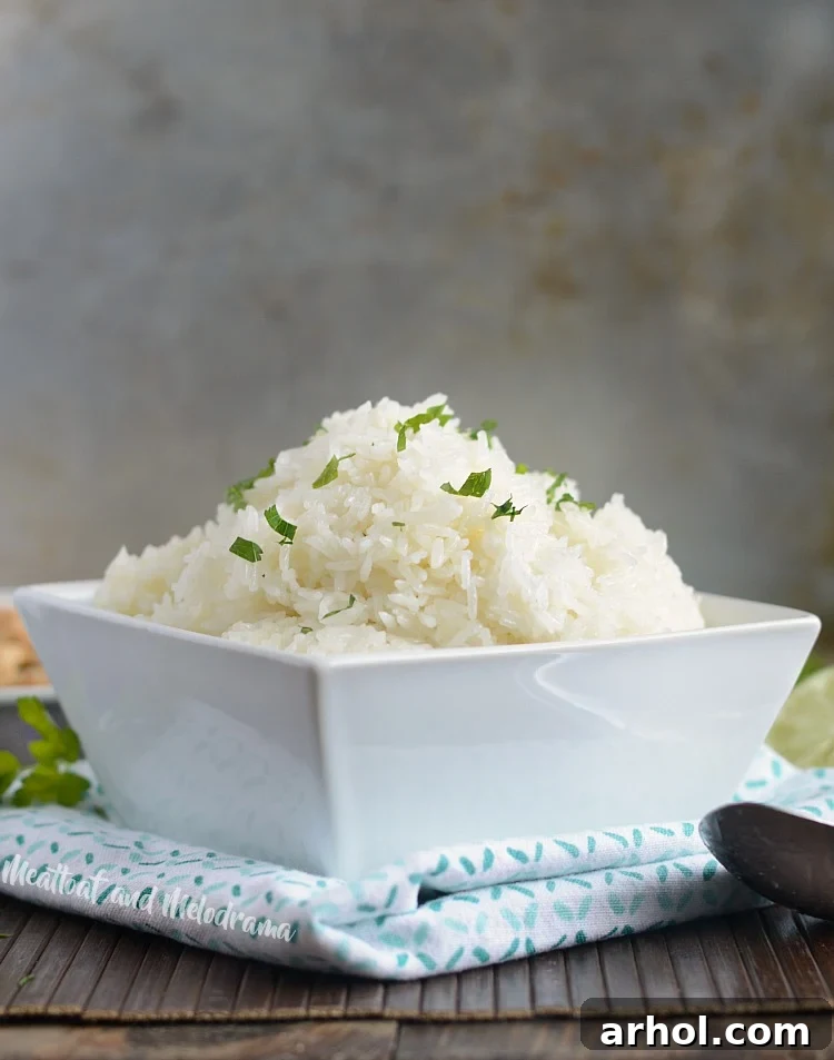 Instant Pot jasmine rice garnished with fresh cilantro, served in a white bowl.