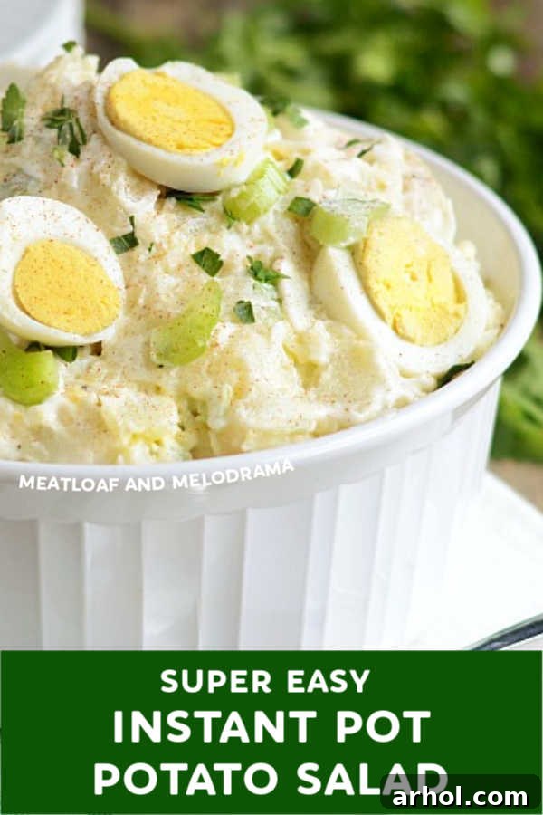 Effortless Instant Pot Potato Salad 4 Close-up shot of the creamy Instant Pot potato salad, showcasing its perfect texture and garnishes of sliced hard-boiled eggs and parsley.