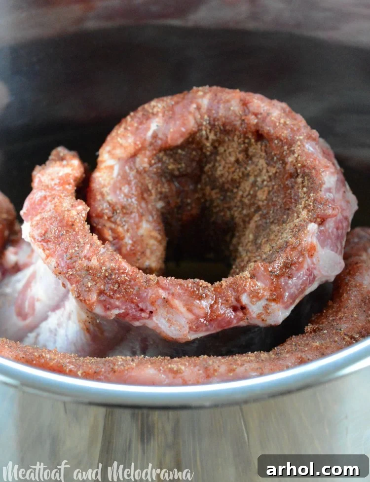 Seasoned baby back ribs placed on a trivet inside an Instant Pot for pressure cooking