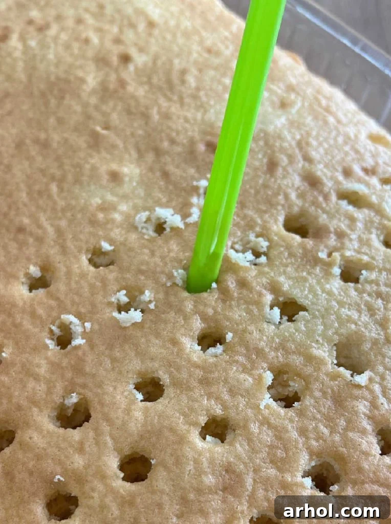 Close-up of a baked cake with evenly spaced holes created using a straw, ready for the Jello mixture.