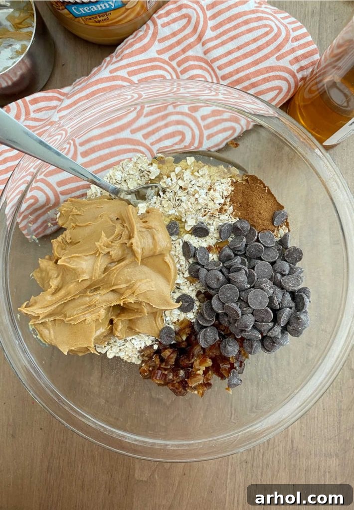 Rolled oats, peanut butter, honey, cinnamon, dates, and chocolate chips are combined in a large mixing bowl, ready to be mixed.
