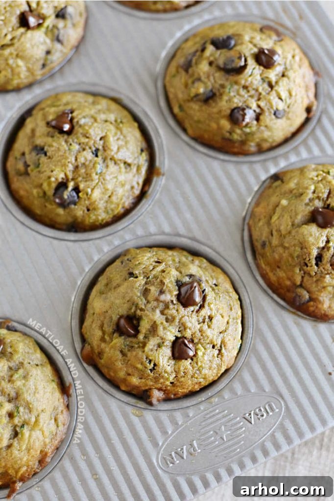 Freshly baked zucchini banana chocolate chip muffins in a muffin tin, golden brown and perfectly risen.