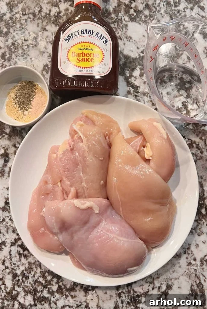Key ingredients for Instant Pot BBQ chicken: chicken breasts, seasoning, a bottle of Sweet Baby Ray's BBQ sauce, and water, displayed on a kitchen counter