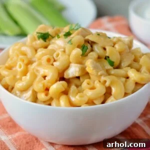 Instant Pot Buffalo Chicken Mac and Cheese in a white bowl