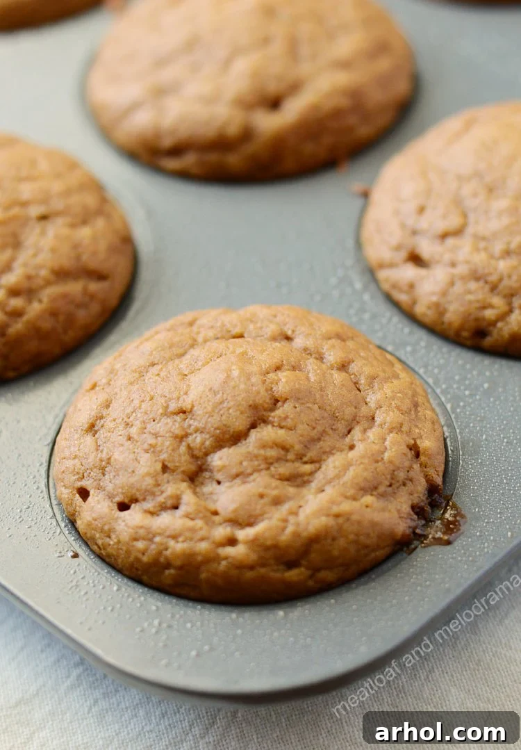 Freshly baked pumpkin muffins in a muffin tin, golden brown and perfectly risen, ready to be cooled.