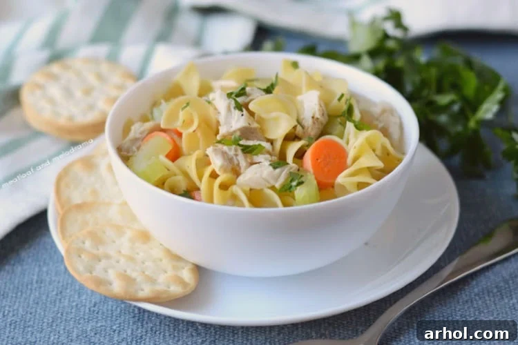 A steaming bowl of homemade Instant Pot Turkey Soup with noodles, garnished with fresh herbs, ready to be enjoyed.