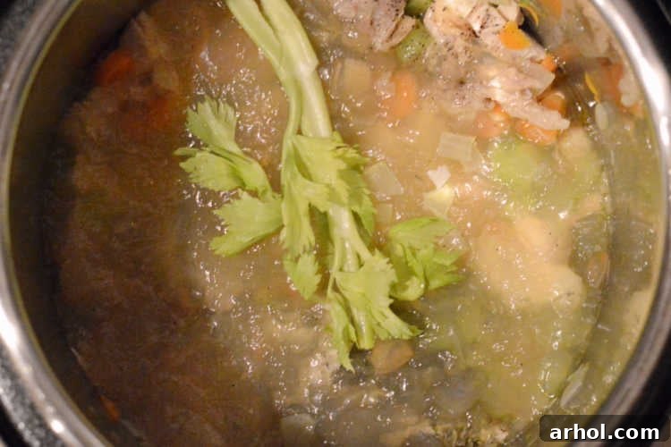 Instant Pot filled with turkey soup ingredients, including rich turkey stock, vegetables, and seasonings, ready for pressure cooking.