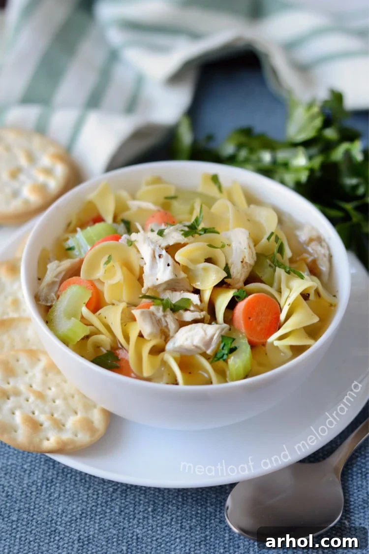 A close-up of a rustic, hearty Instant Pot Turkey Soup with noodles, carrots, and celery in a white bowl, ready to be savored.