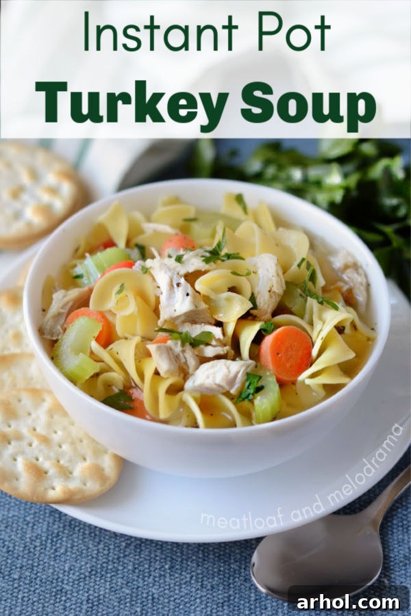 A large bowl of Instant Pot Turkey Soup, made with homemade turkey bone broth, showcased beautifully for a comforting meal.