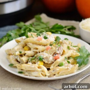 leftover instant pot turkey noodle casserole with vegetables on white plate