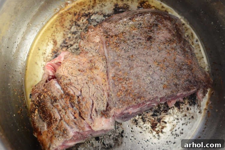 Tender Instant Pot Pot Roast 3 brown beef chuck roast in instant pot pressure cooker