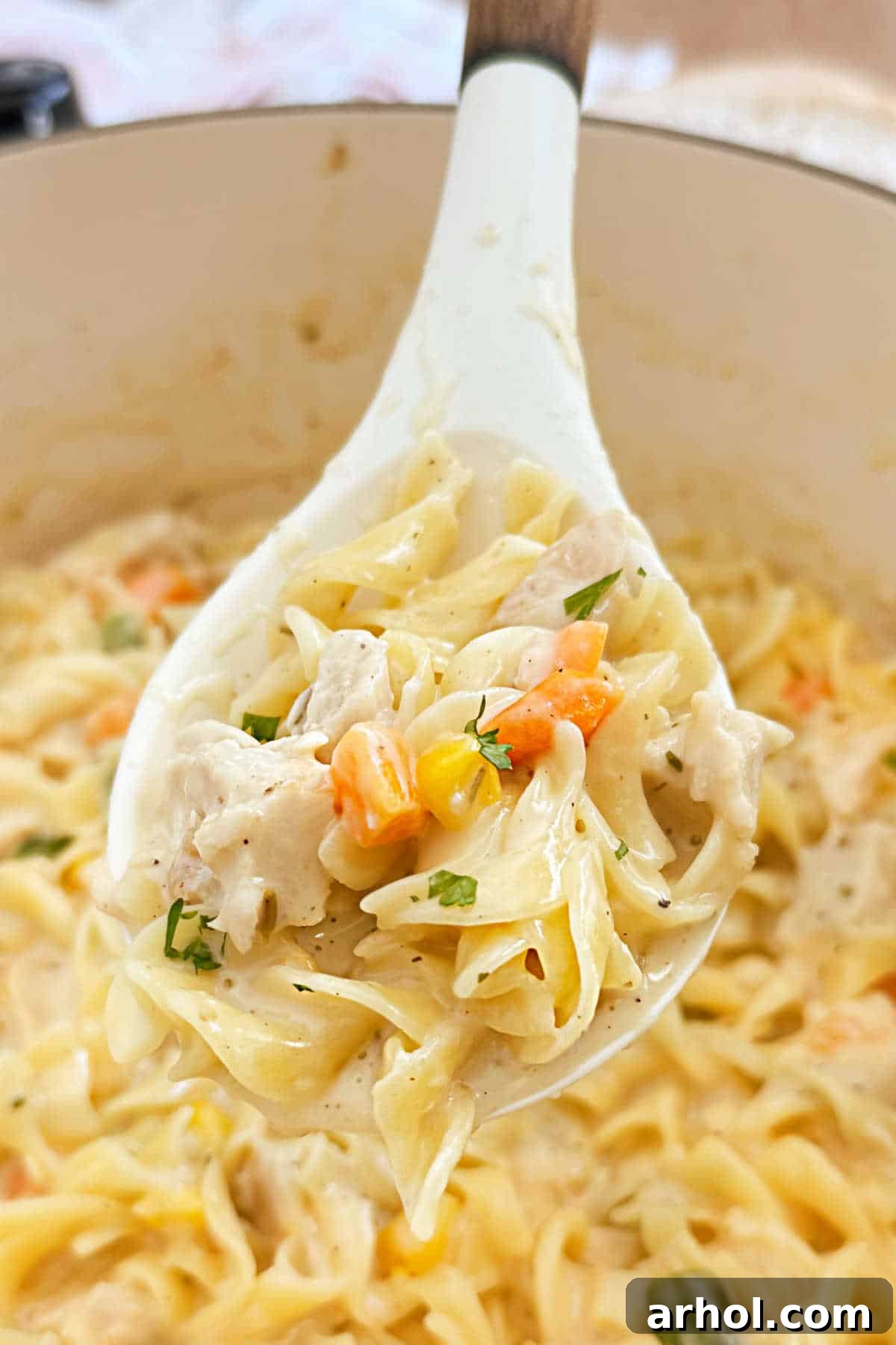 One-Pan Turkey Noodle Bliss 2 turkey noodle casserole on serving spoon.