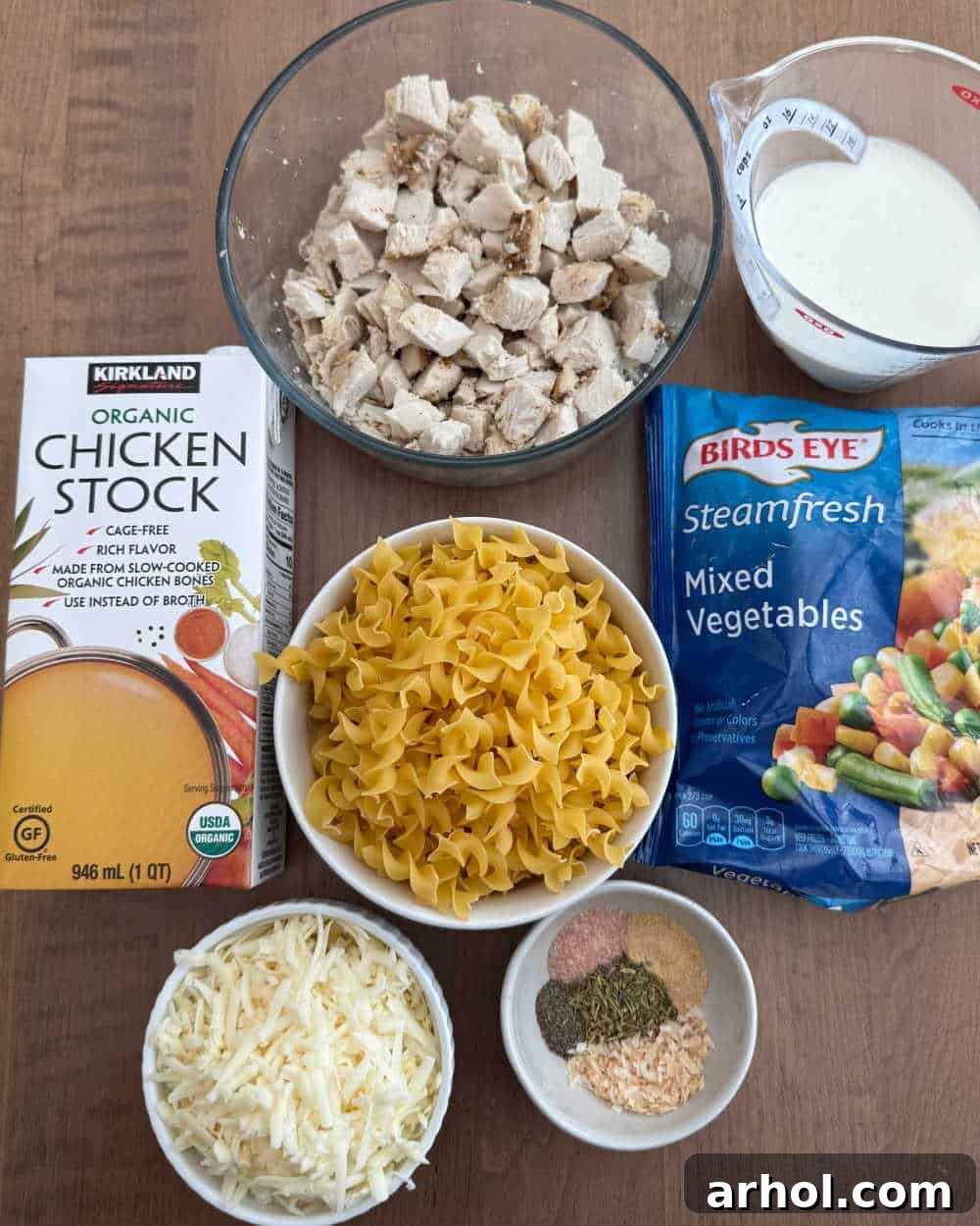 One-Pan Turkey Noodle Bliss 3 leftover turkey and ingredients for casserole.