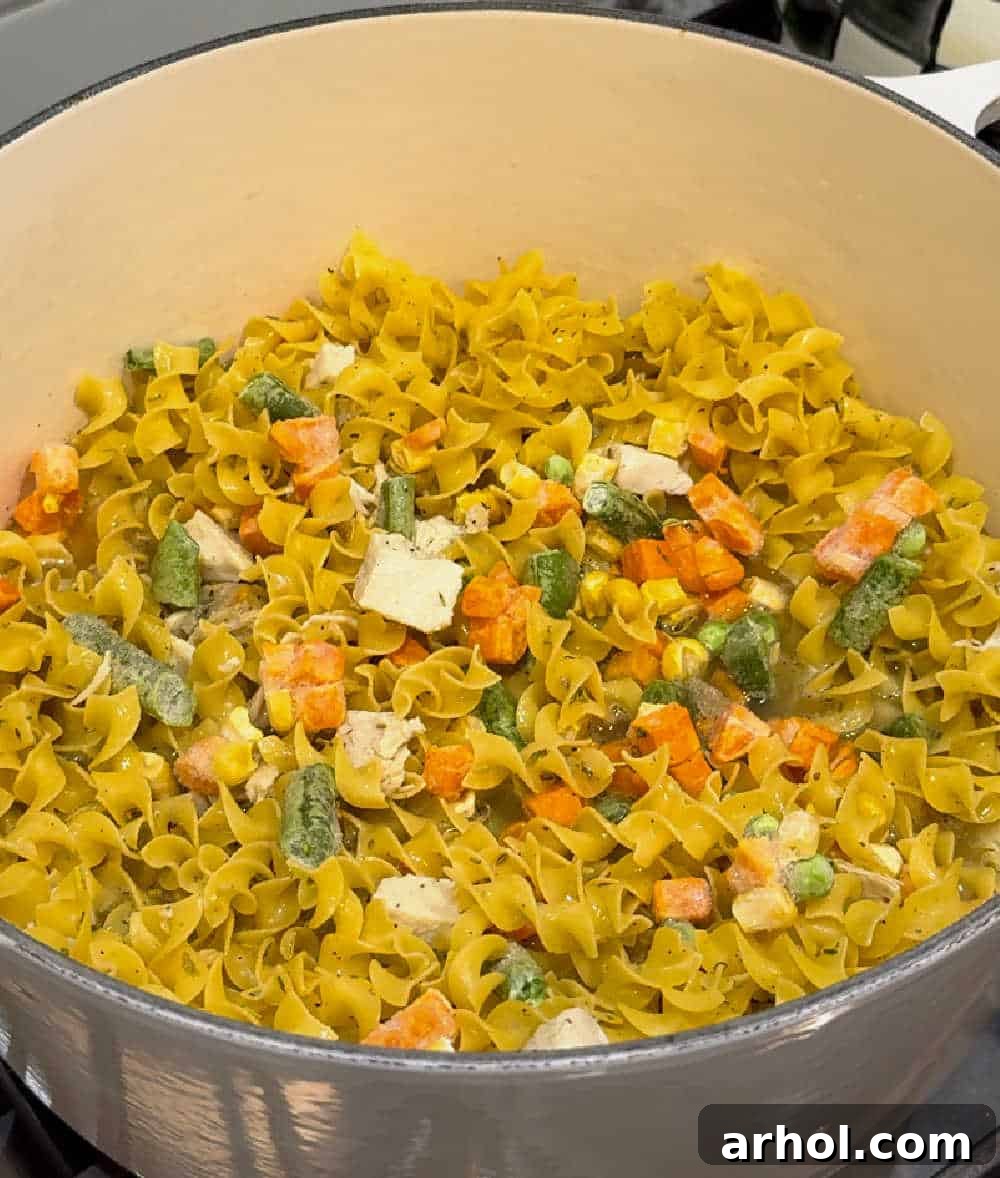 One-Pan Turkey Noodle Bliss 5 turkey, egg noodles and veggies in dutch oven.
