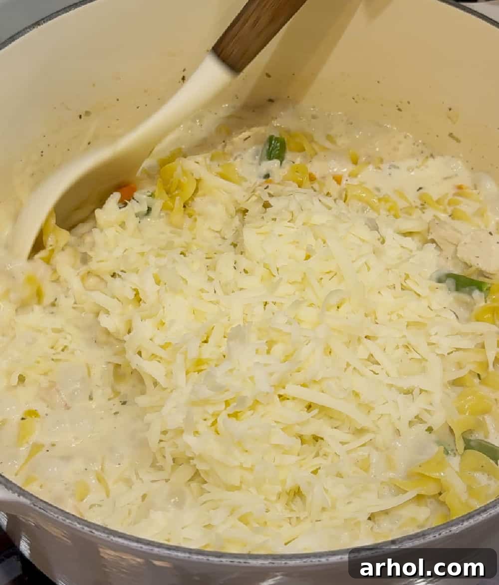 One-Pan Turkey Noodle Bliss 7 stir cheese into casserole.