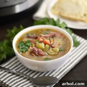 A steaming bowl of Instant Pot Ham and Lentil Soup, garnished with fresh parsley, served with crusty bread on the side.