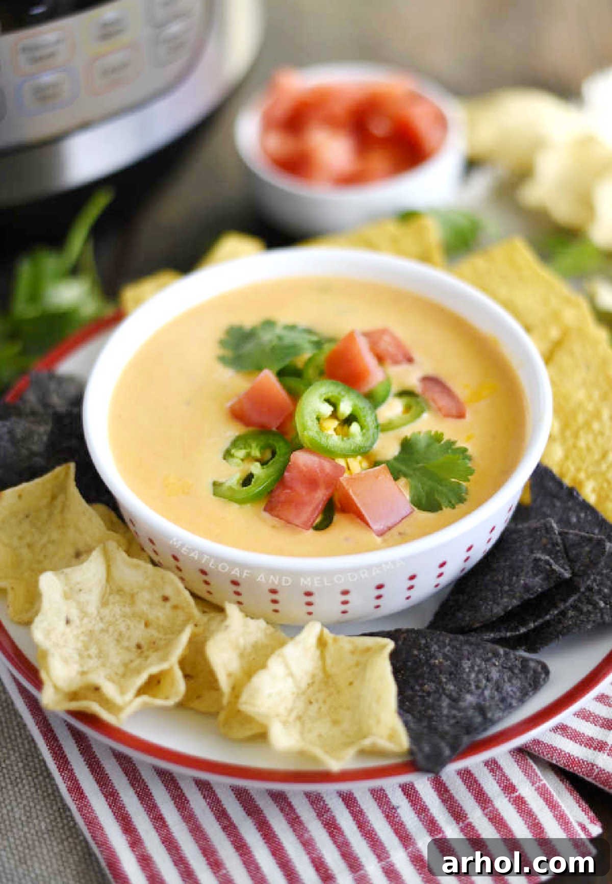 A vibrant bowl of Instant Pot Queso Dip, rich and golden, served with an assortment of crisp tortilla chips, ready for dipping. Garnished with fresh cilantro and a touch of diced jalapeño.