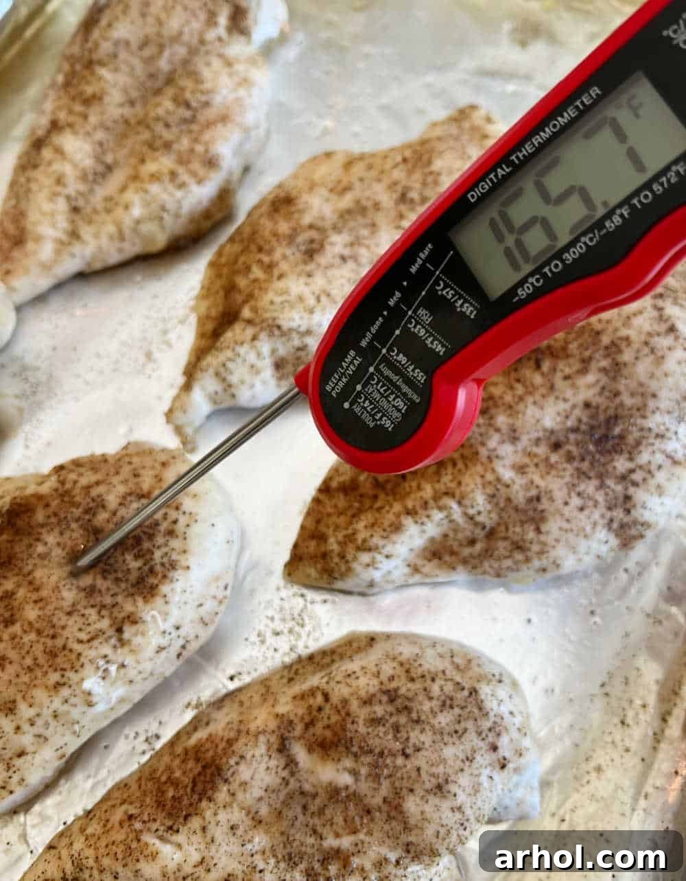 Using an instant-read thermometer to check the internal temperature of a baked chicken breast for perfect doneness.