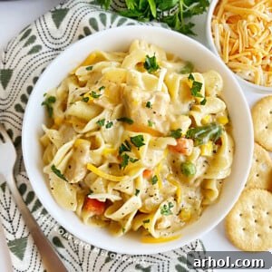 instant pot tuna noodle casserole in white bowl with crackers and cheese