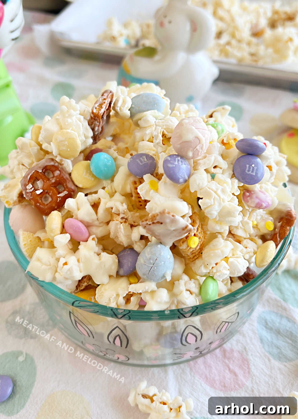 easter bunny bait snack with popcorn and easter candy on the table