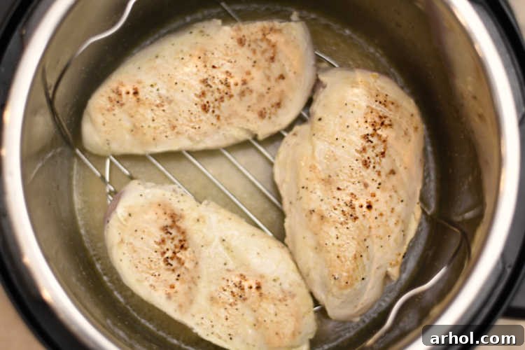 Cooked Instant Pot chicken breasts resting on the trivet inside the pressure cooker.
