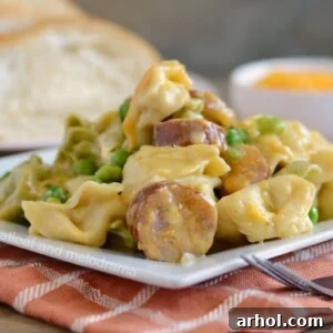 instant pot creamy kielbasa tortellini pasta dinner on plate
