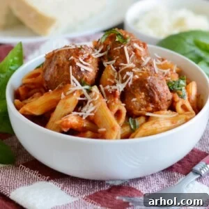 instant pot pasta and meatballs with basil