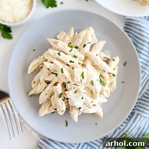 chicken alfredo penne pasta on blue plate