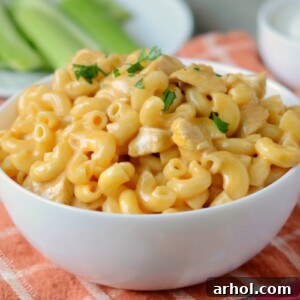Instant Pot Buffalo chicken Mac and cheese in white bowl
