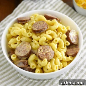 bowl of instant pot kielbasa mac and cheese
