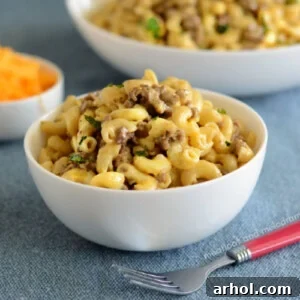 instant pot cheeseburger macaroni in white bowls