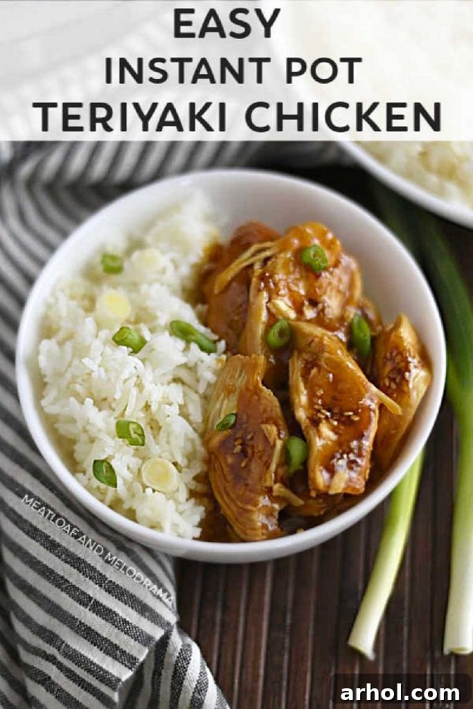 A top-down view of a bowl of savory Instant Pot Teriyaki Chicken with jasmine rice and chopped scallions, perfect for Pinterest sharing.