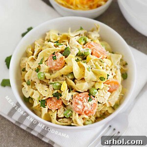 A bowl of Instant Pot Chicken Noodle Casserole, featuring noodles, chicken, and mixed vegetables.