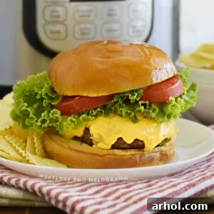 A cooked Instant Pot hamburger patty with melted cheese, fresh lettuce, and tomato slices on a bun, served with potato chips.