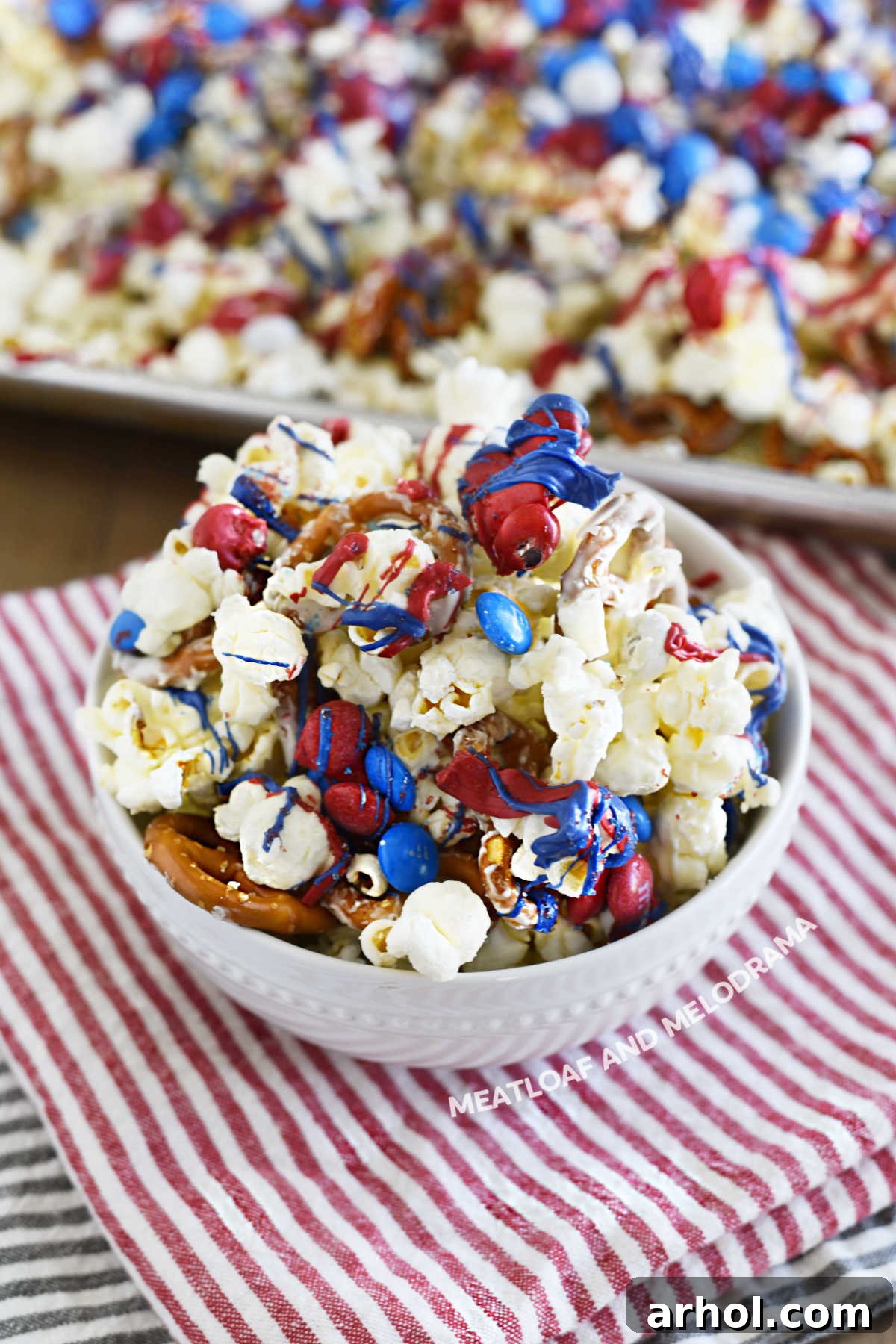 Stars and Stripes Popcorn Treat 8 Patriotic popcorn in a white bowl, showcasing the red, white, and blue candies and chocolate coating