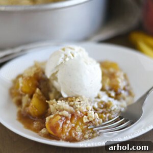 air fryer peach crisp topped with vanilla ice cream on a white plate