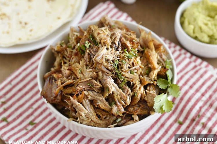 Crispy shredded pork carnitas served in a white bowl, garnished and ready to eat.