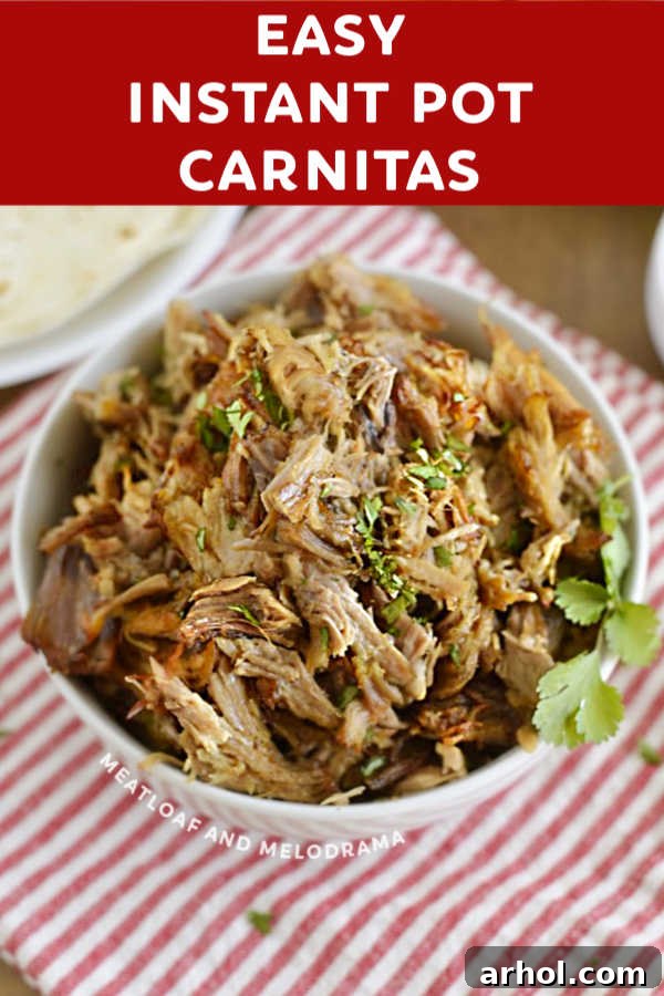 Close-up of succulent pork carnitas piled high in a white serving bowl.
