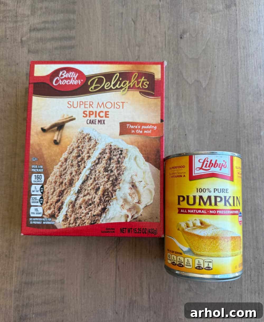Spice cake mix and canned pumpkin puree, the two main ingredients for the baked donuts