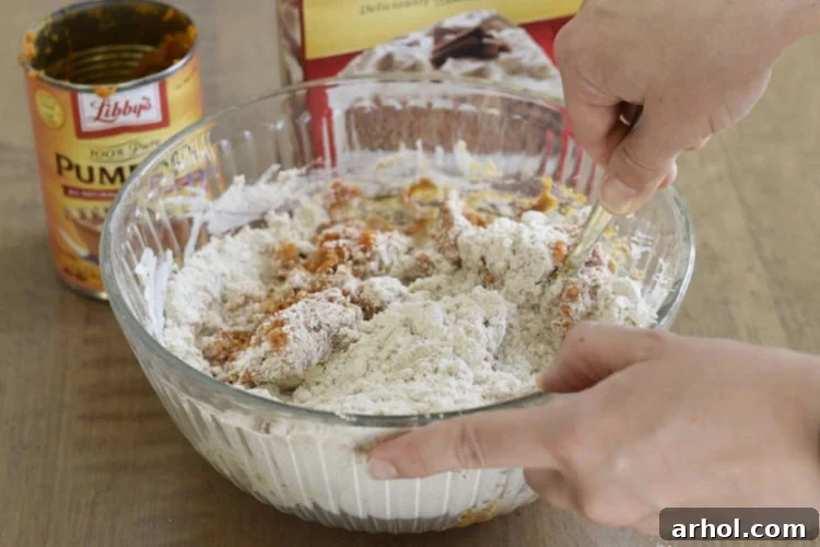Mixing spice cake mix with pumpkin puree in a bowl to create donut batter