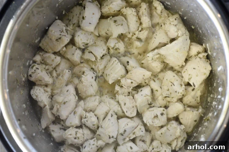 Dreamy Instant Pot Cheesy Chicken and Rice 3 Sautéed and seasoned boneless chicken breast pieces in the Instant Pot pressure cooker before adding rice.