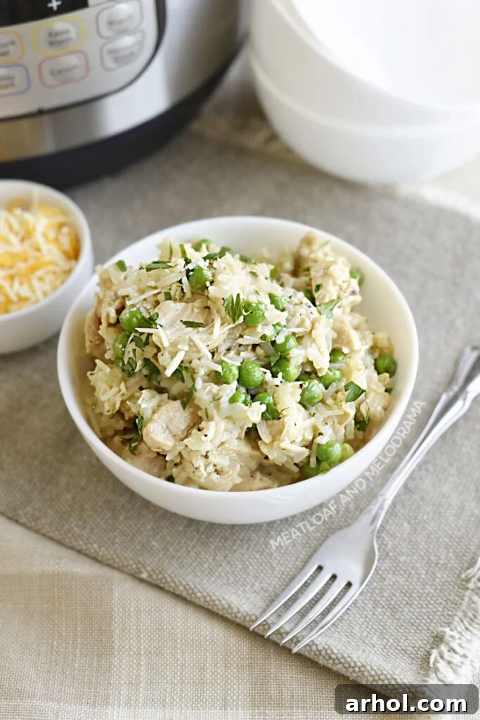 Dreamy Instant Pot Cheesy Chicken and Rice 7 A serving of creamy Instant Pot Cheesy Chicken and Rice with peas in a white bowl, ready to eat.