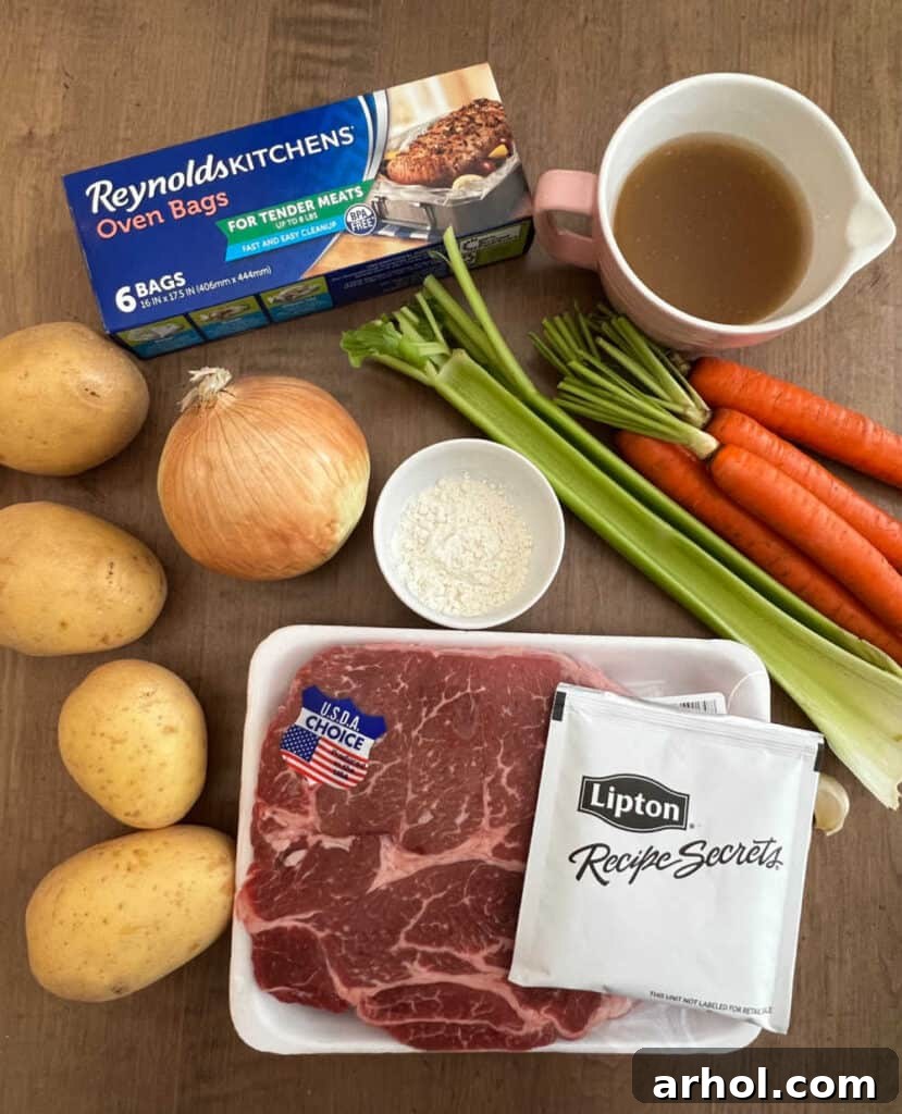 Key ingredients for oven bag pot roast: beef chuck roast, Lipton onion soup mix, Reynolds oven bags, beef broth, fresh potatoes, onion, all-purpose flour, celery, and carrots.
