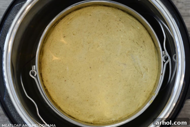 Velvety Instant Pot Pumpkin Cheesecake 6 The perfectly cooked pumpkin cheesecake in its springform pan resting inside the Instant Pot after the pressure cooking cycle.